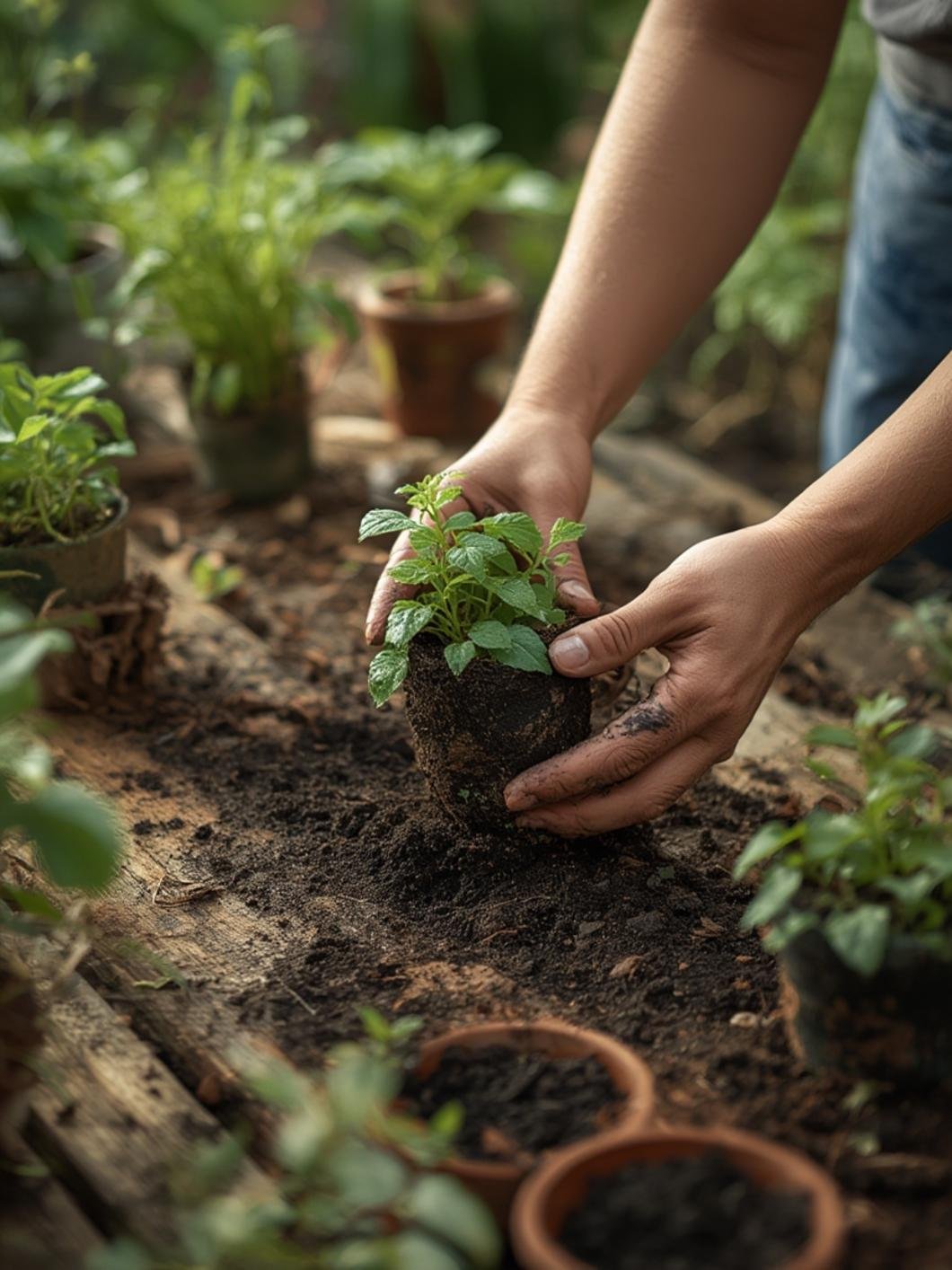 Maceta con tierra encharcada y planta con hojas amarillas, ejemplificando los efectos del riego excesivo en el jardín